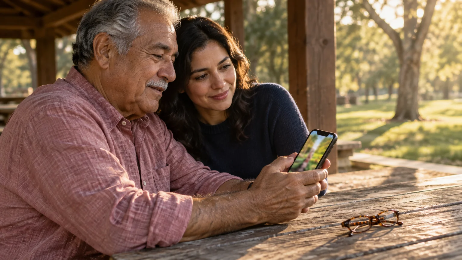 An older man and a woman sitting at an outdoor wooden table looking together at a smartphone screen.