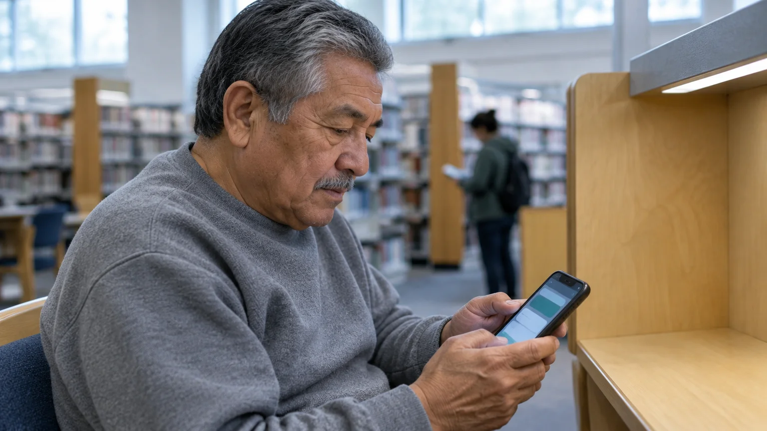 Senior man sitting at a wooden study carrel in a library while holding and looking down at a smartphone.