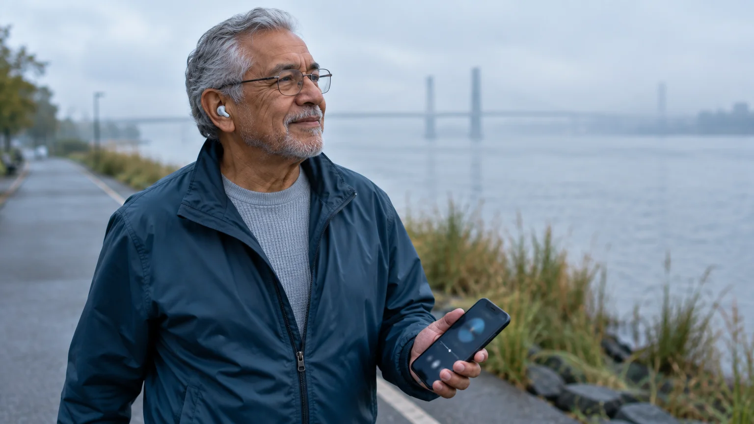 An older man wearing earbuds holds a smartphone while walking along a misty waterfront path near a bridge.