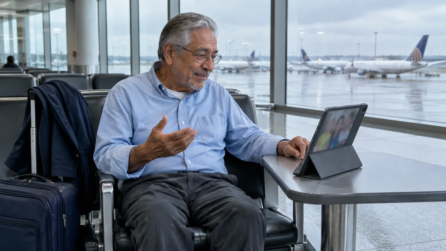 Senior man sitting at an airport terminal gate, smiling while having a video call on a tablet computer.