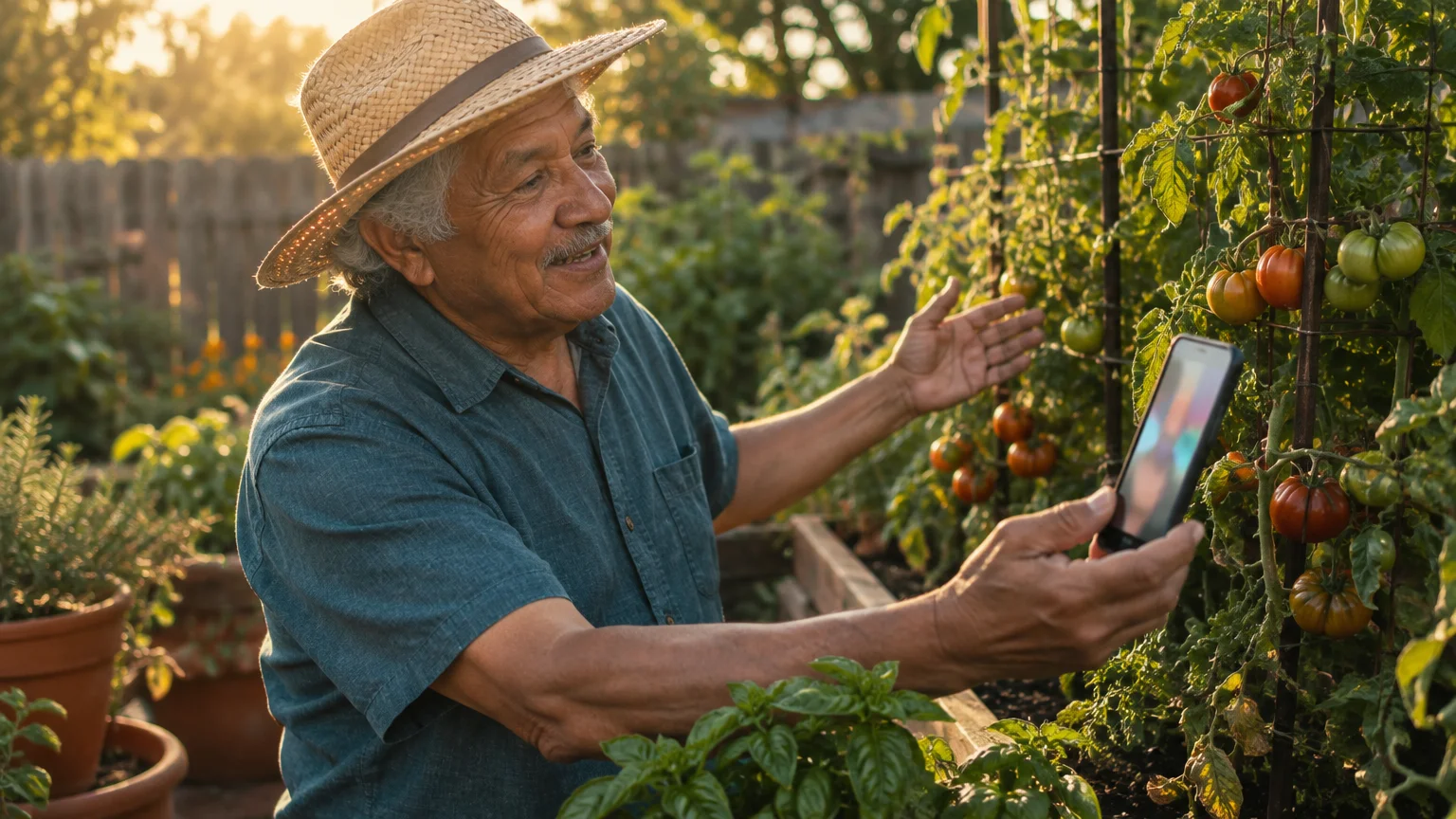 An older man wearing a straw hat holds a smartphone to video call beside tomato vines in a sunny garden.