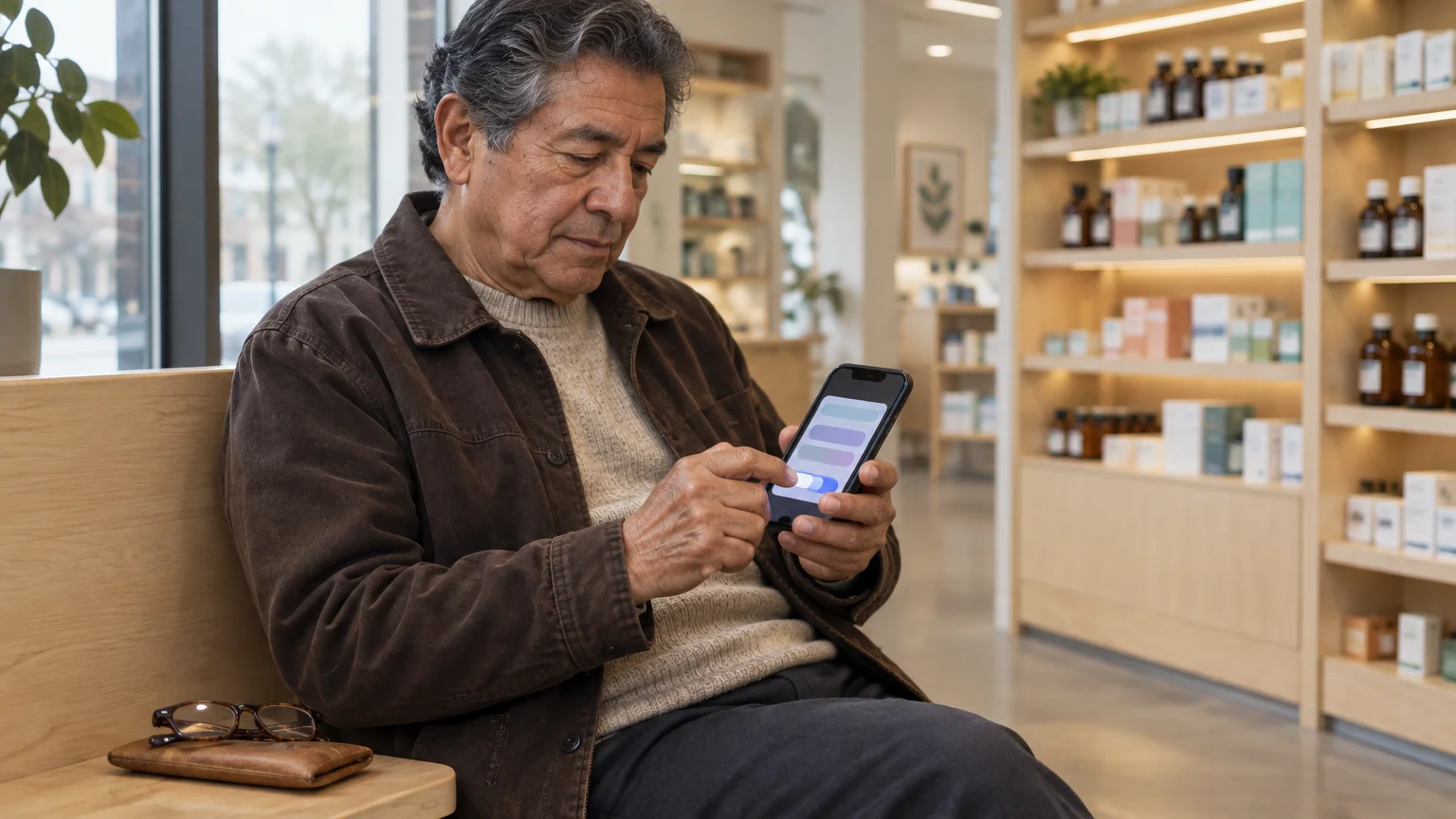 Older man sits on a wooden bench inside a shop, tapping the screen of his smartphone held in both hands.