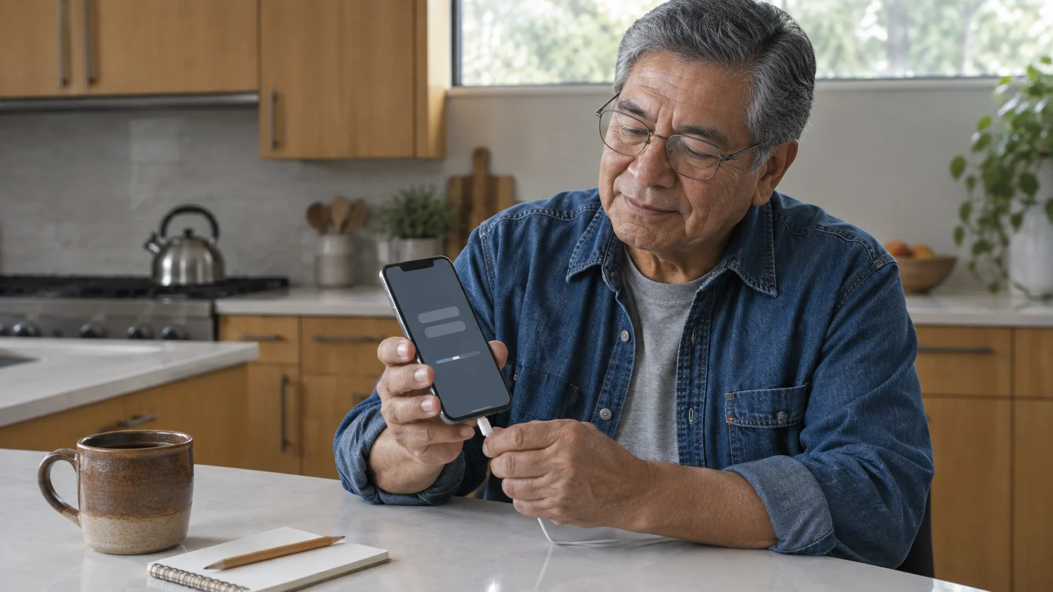 A senior man in glasses sits at a kitchen counter holding a plugged-in smartphone showing a progress bar.