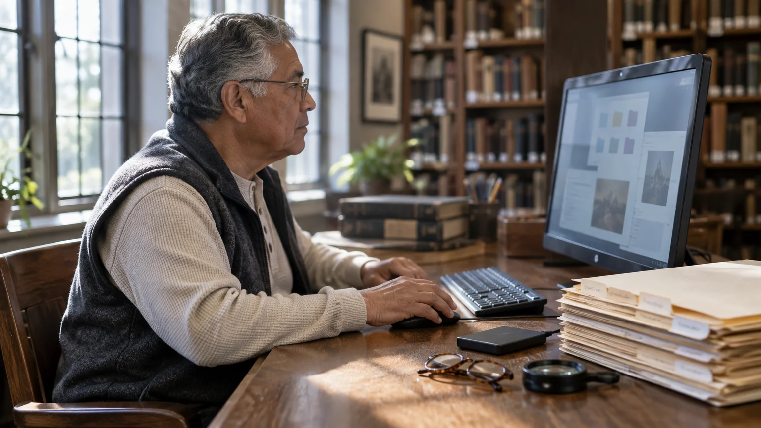 Man working at a computer in a library, viewing colorful digital folders on his screen beside a stack of physical files.