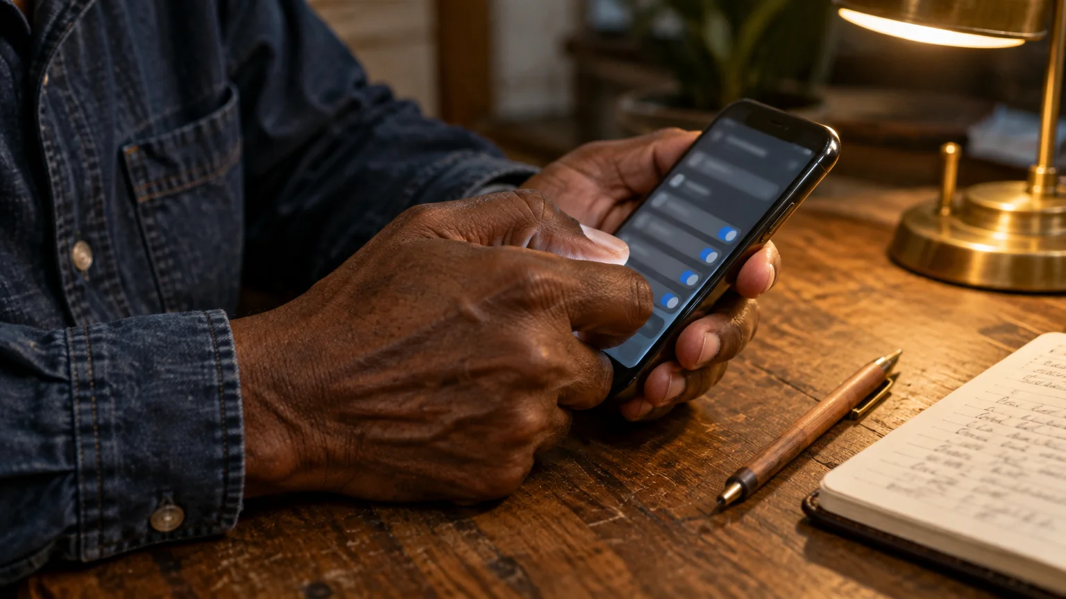Close-up of hands holding and tapping an iPhone screen showing settings at a wooden desk with a notebook and pen.