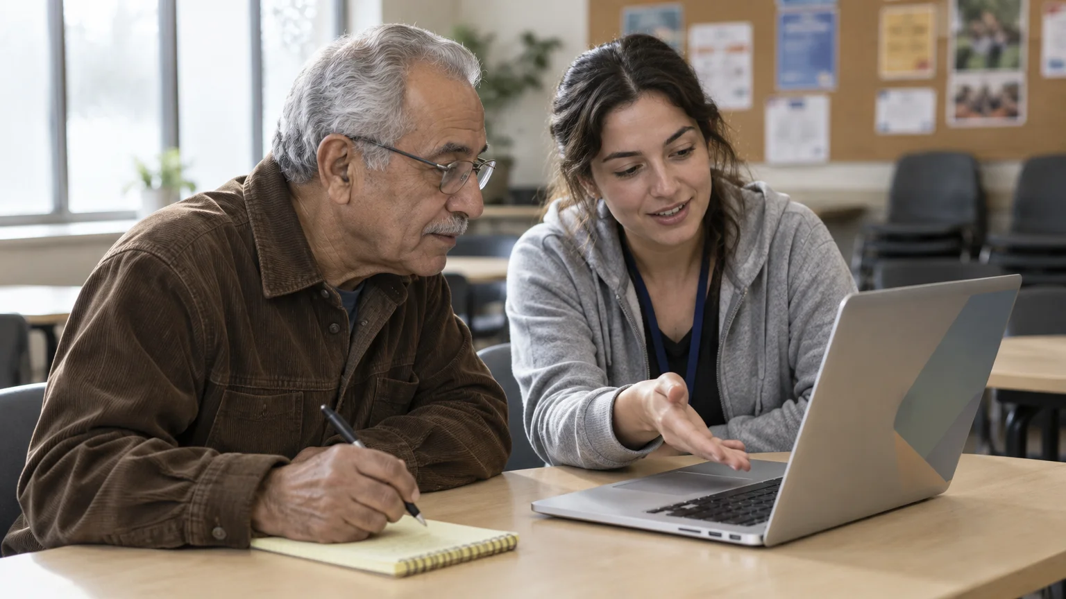 A young woman points at an open laptop screen while an older man with glasses writes notes on a yellow pad.