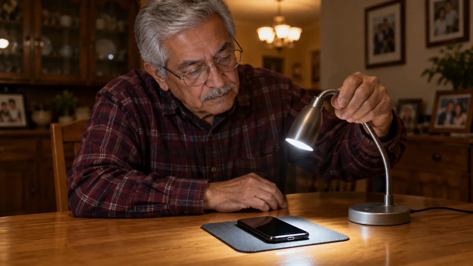 A man adjusts a small goose-neck desk lamp to illuminate a smartphone lying on a wooden table.