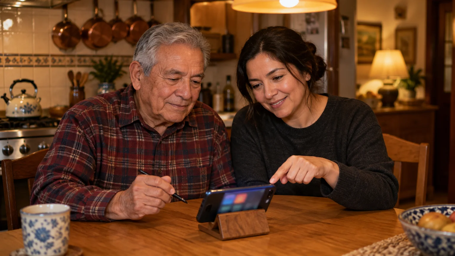 A woman and an older man sit at a wooden kitchen table, looking at a horizontally propped smartphone together.