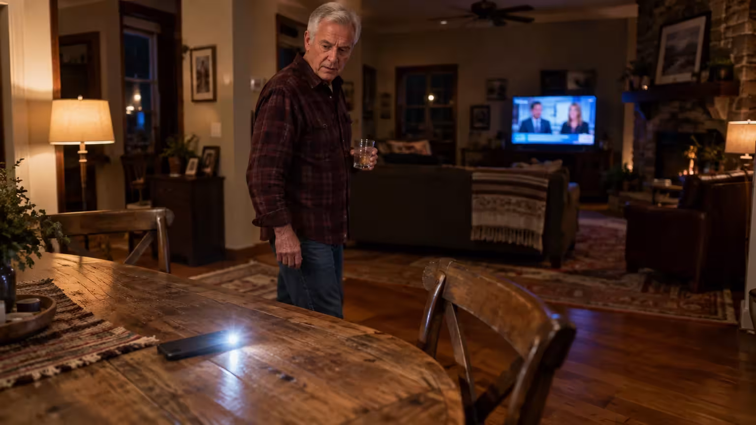 Older man walking in a living room looks toward a smartphone flashing with an illuminated alert on a wooden table.