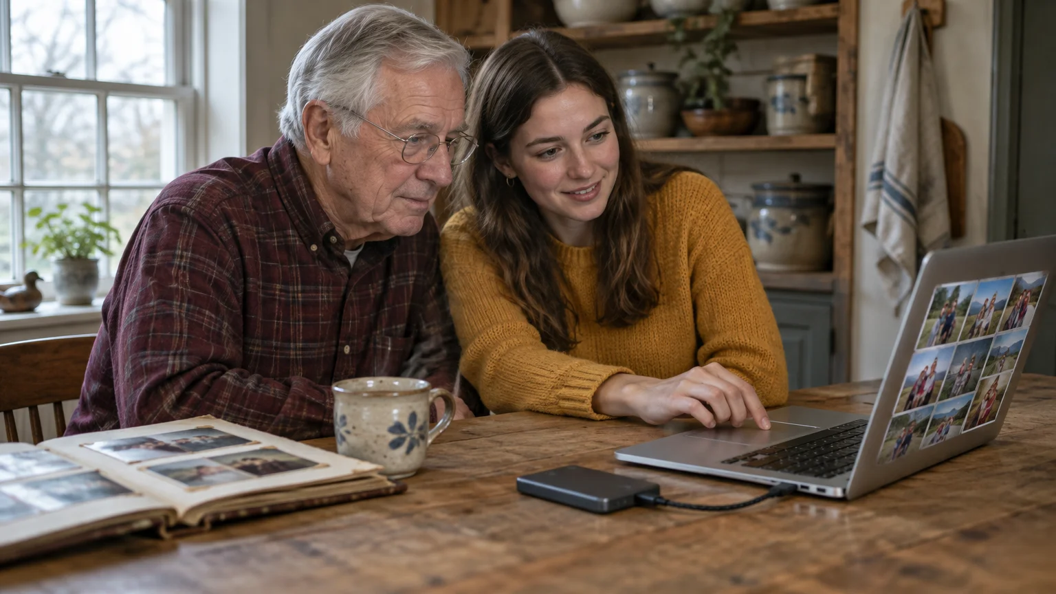 An older man and a young woman look at photos on a laptop connected to an external hard drive beside an open photo album.