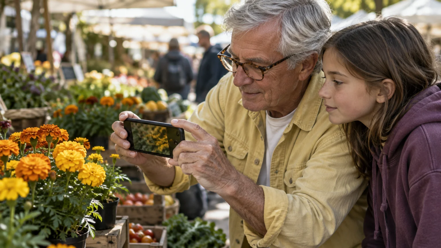 Older man and young girl using a smartphone to take a photo of orange potted flowers at an outdoor market.