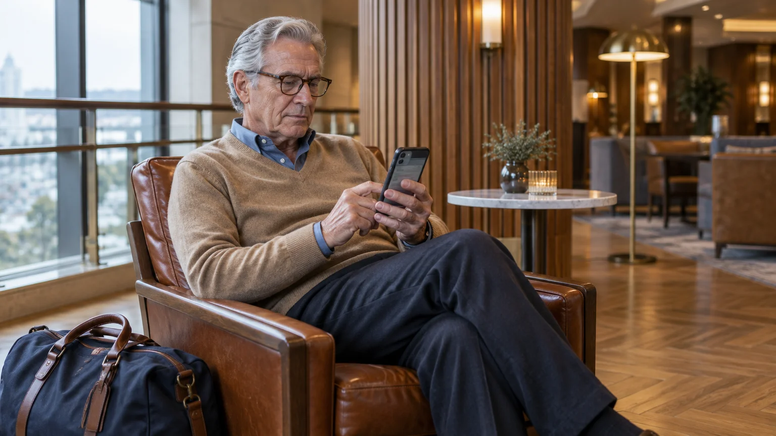 Senior man with glasses sitting in a leather hotel lounge armchair, looking at his smartphone with luggage beside him.