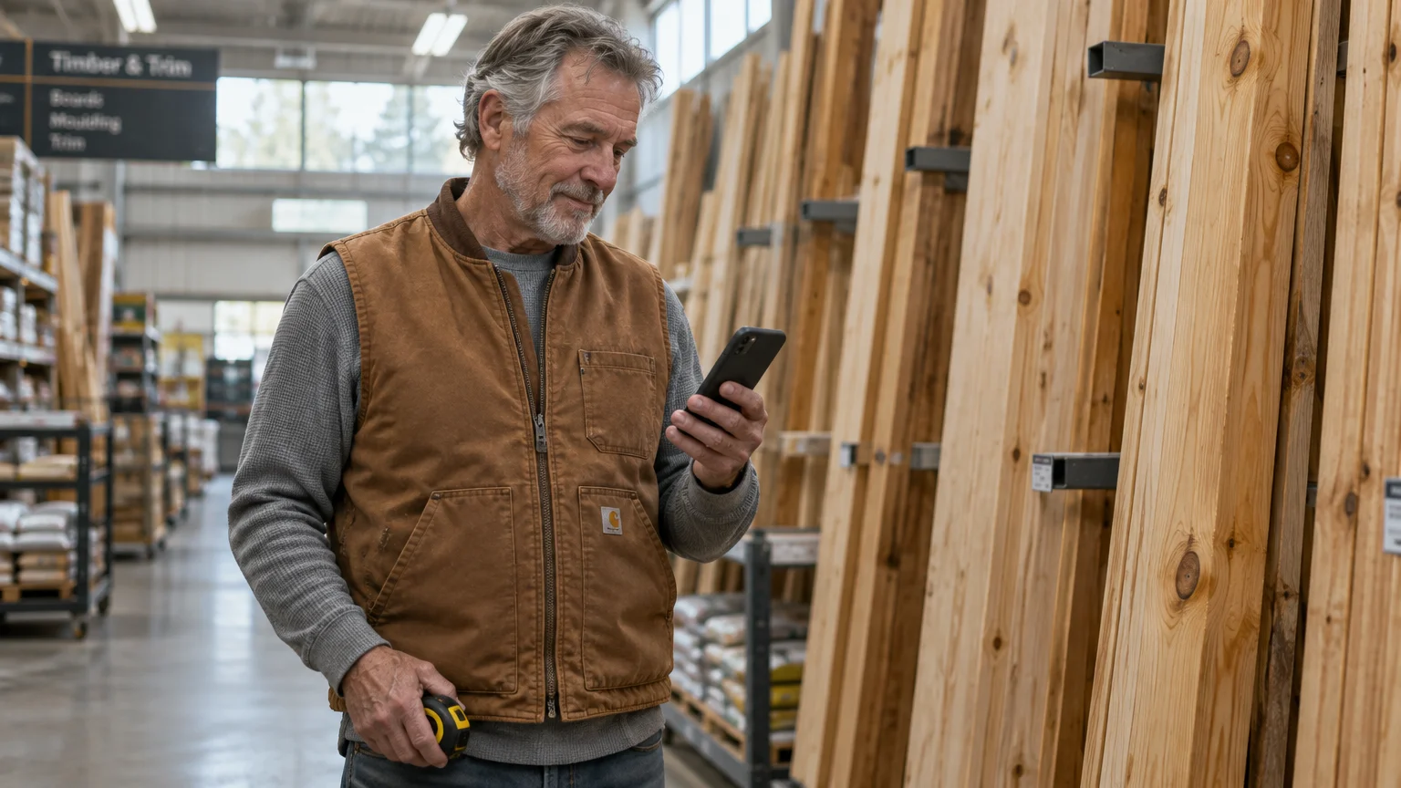 A man holding a tape measure looks at his smartphone in a lumber warehouse aisle lined with wooden planks.