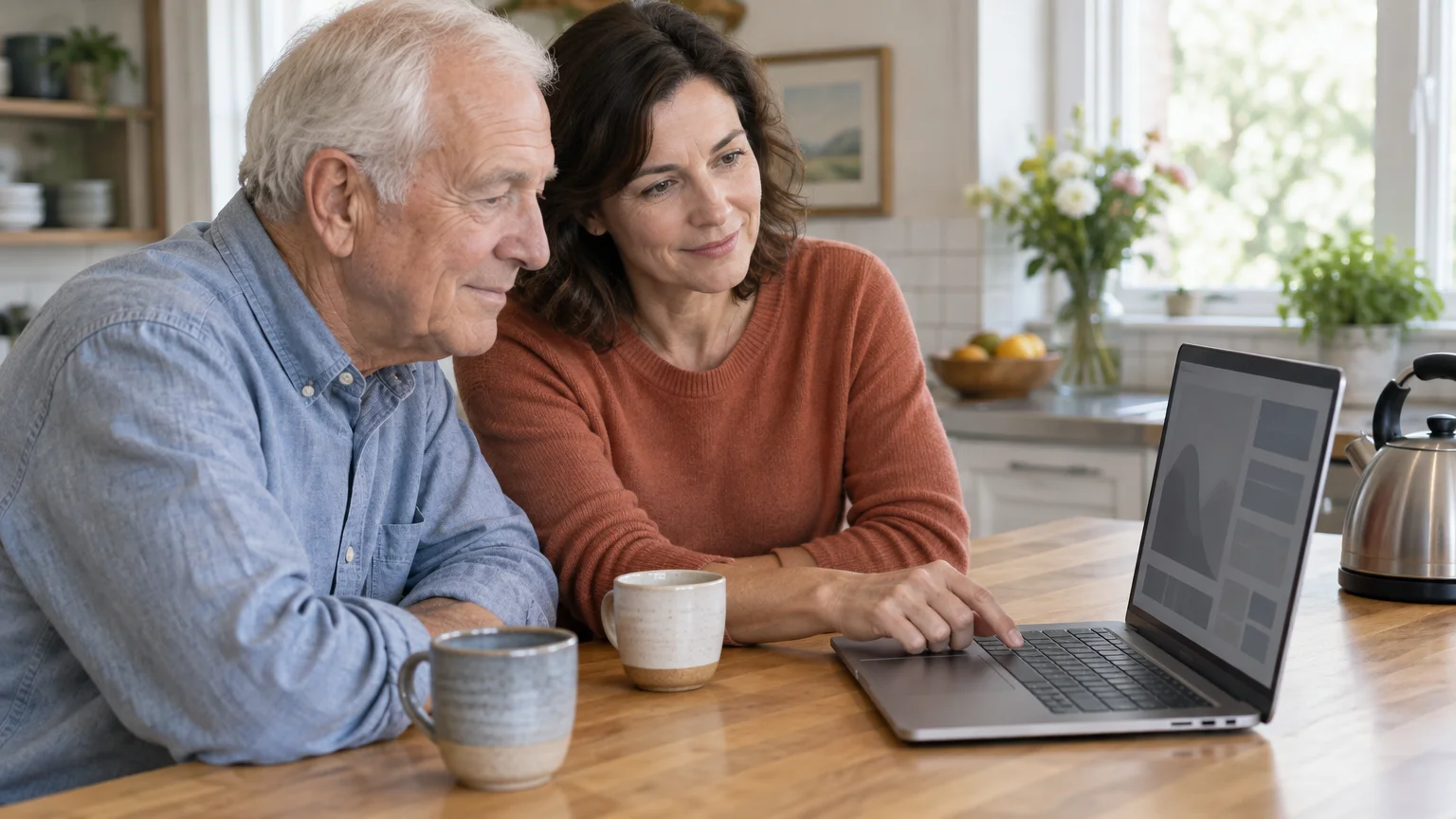 A woman and an older man sit at a wooden kitchen table looking at a laptop screen together.