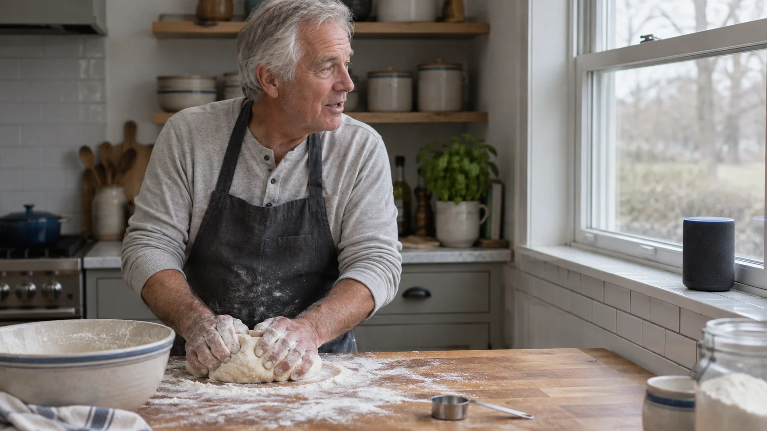 A senior man in an apron kneads dough at a kitchen counter while looking toward a smart speaker on the windowsill.