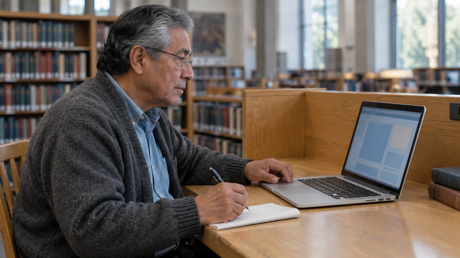A man wearing glasses and a sweater sits at a library desk using a laptop while writing in a notebook.