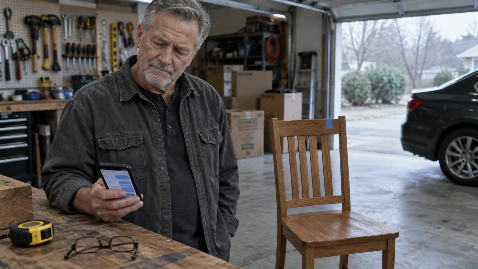 Older man looking at text messages on his smartphone inside an open garage next to a wooden chair.