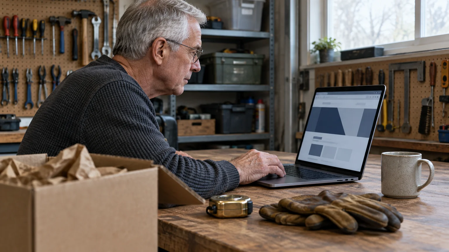 Senior man with glasses using a laptop at a workbench in a workshop with tools hung on the wall.