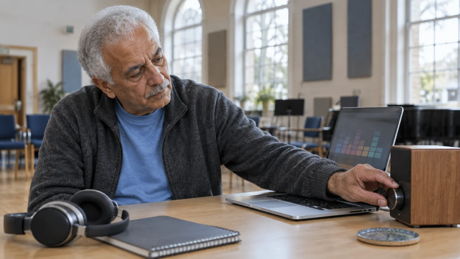 A senior man sits at a desk turning the volume knob of an external speaker beside his laptop and headphones.