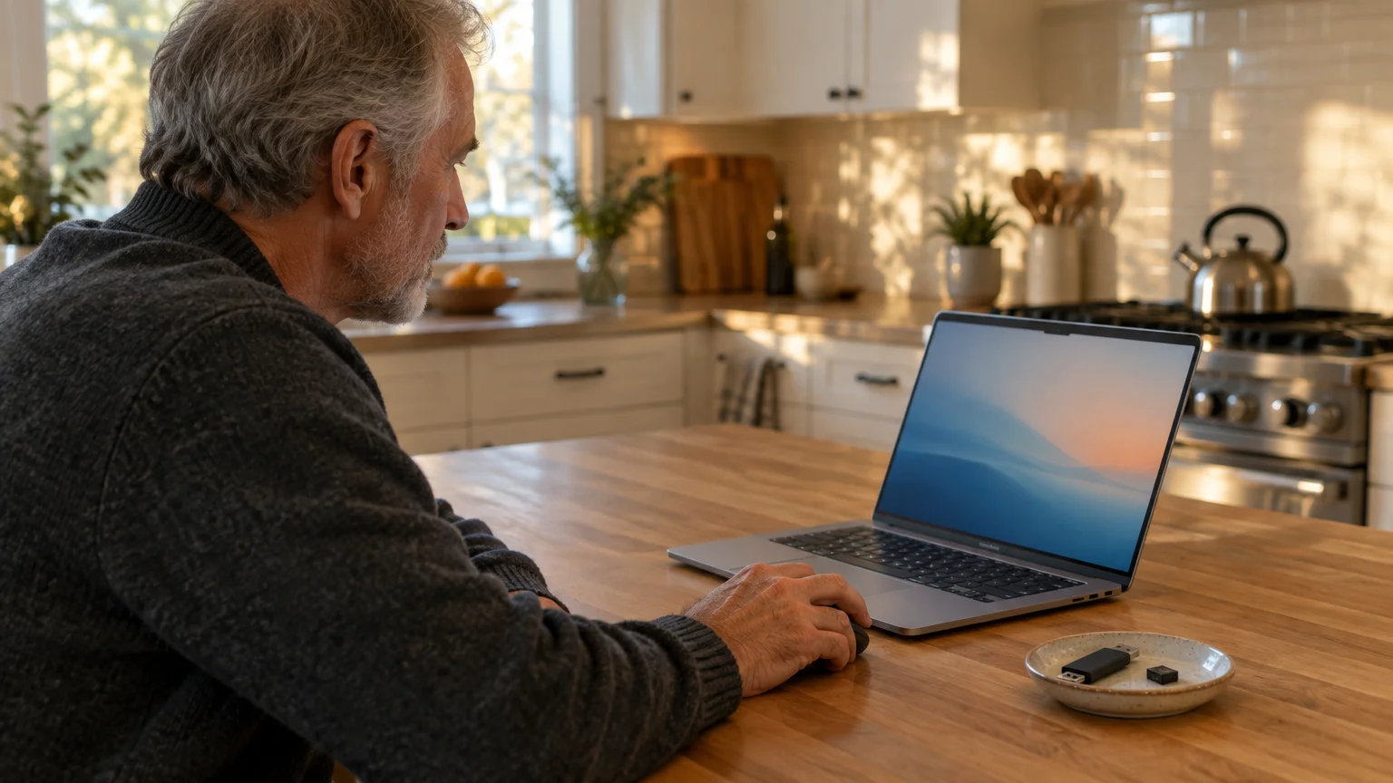 A mature man with gray hair sits at a wooden kitchen island, using a wireless mouse with his laptop.