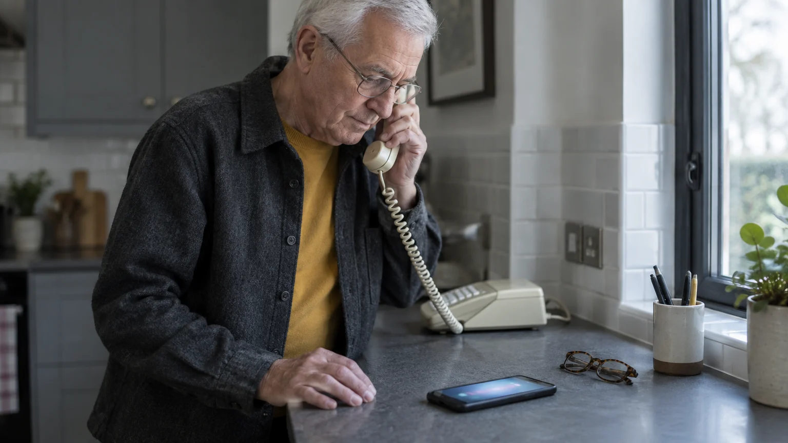 Senior man speaking on a landline telephone while looking at an illuminated smartphone resting on a kitchen counter.