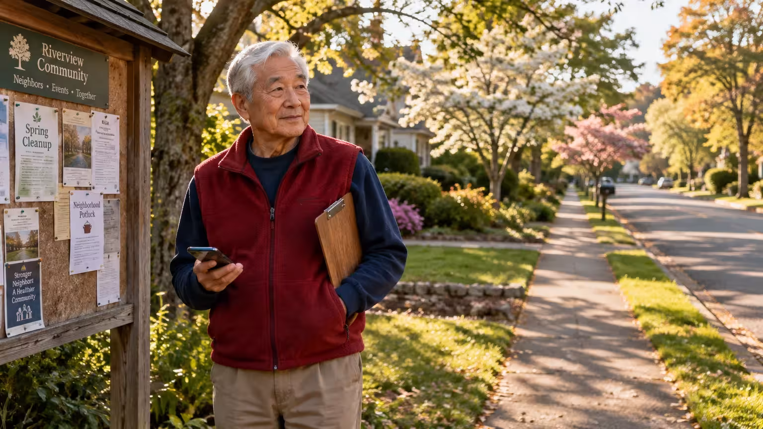 Senior man holding a smartphone and clipboard next to a community bulletin board on a tree-lined neighborhood sidewalk.