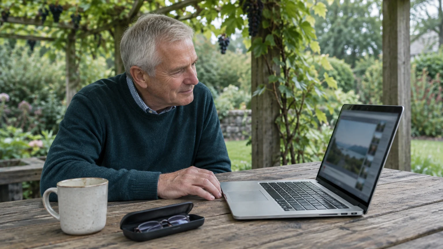 Older man sitting outdoors at a wooden table looking at an open laptop next to a mug and glasses case.