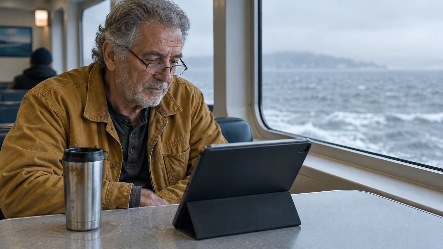 Man with glasses looking at a propped-up tablet on a table beside a travel mug next to a ferry window.