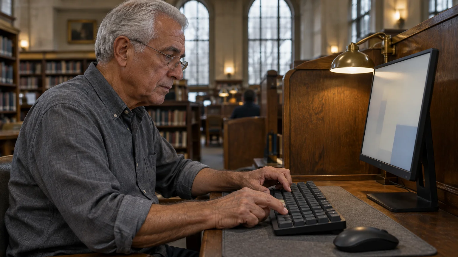 Senior man with glasses typing on a black keyboard at a wooden desk with a computer monitor inside a library.