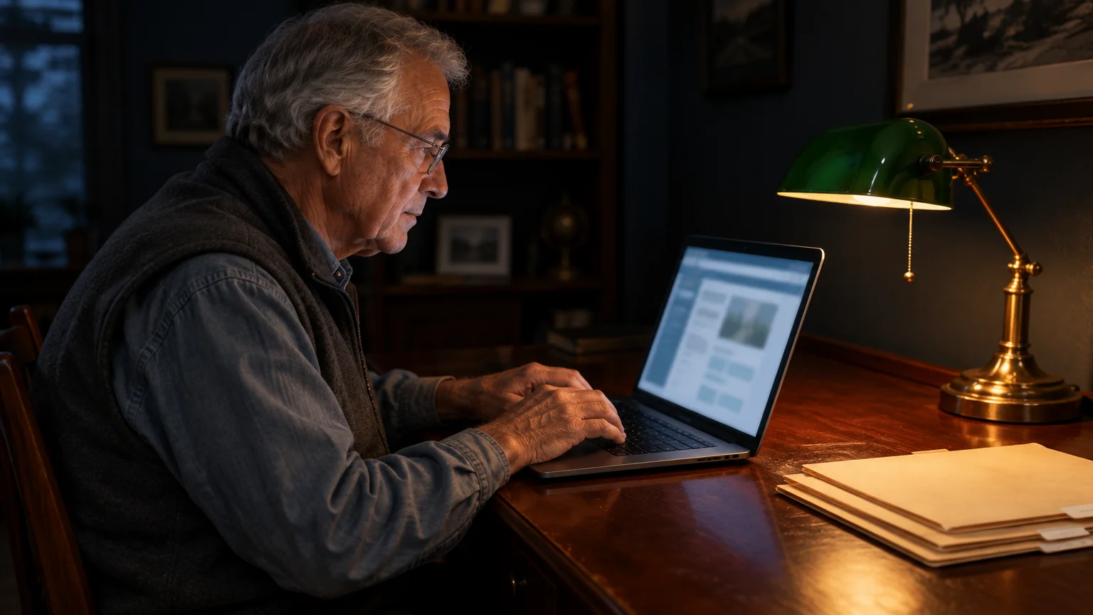 An older man wearing glasses works on a laptop at a wooden desk lit by a green banker's lamp.