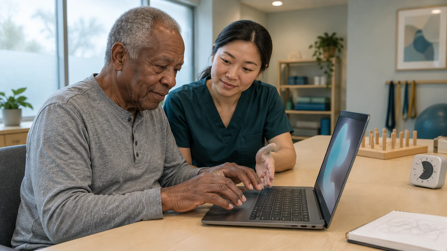 An older man types on a laptop at a table while a woman in medical scrubs watches attentively beside him.