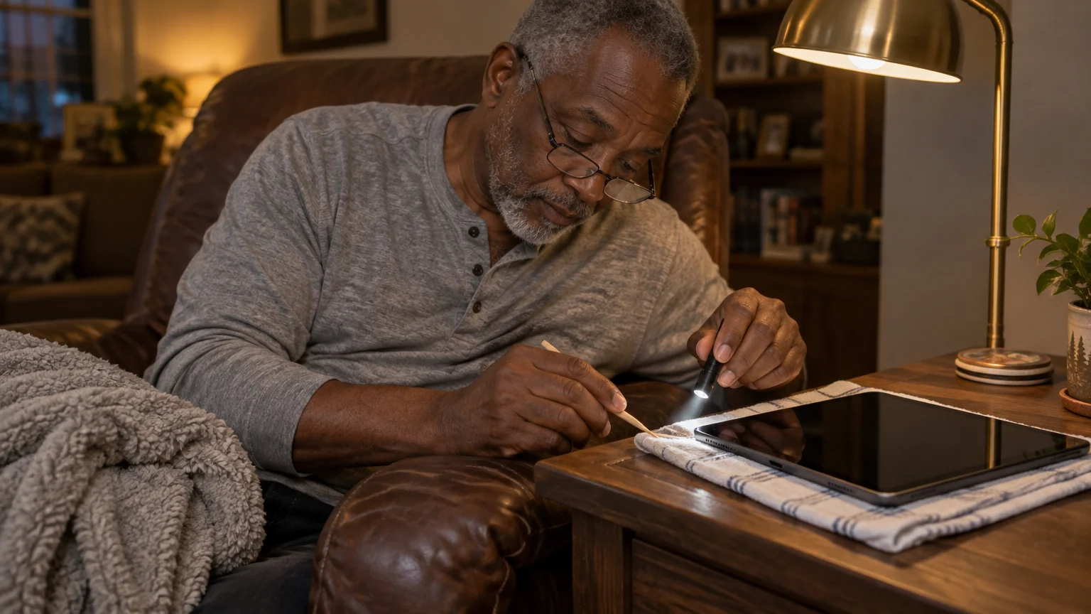 A man in an armchair uses a small flashlight and wooden stick to inspect a tablet port on a wooden side table.