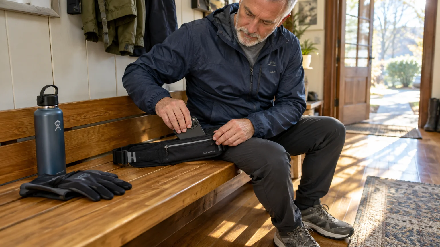A man sits on a wooden bench inserting a smartphone into a black running belt pouch near gloves and a water bottle.