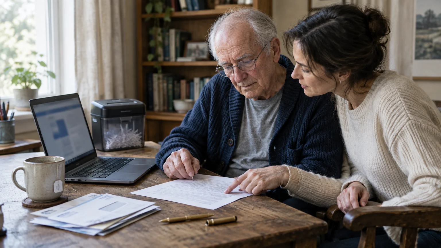 An elderly man and a woman sit at a wooden table reviewing printed documents beside a laptop and paper shredder.