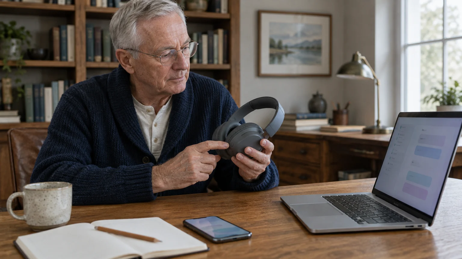 A senior man seated at a wooden desk examines a pair of grey over-ear headphones next to an open laptop and smartphone.