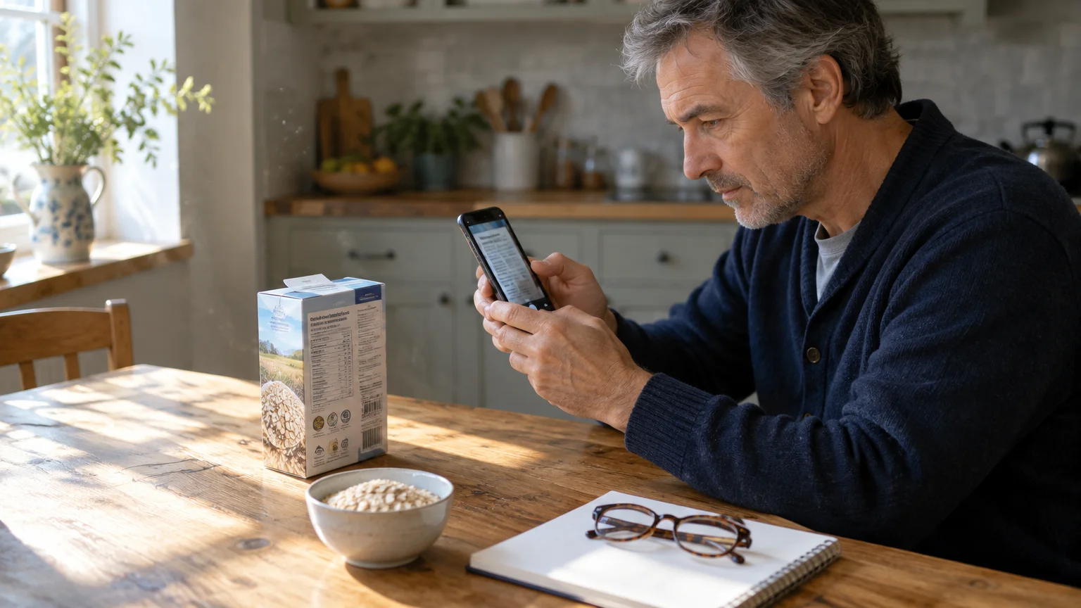 A man sitting at a wooden kitchen table holds a smartphone to scan the nutritional label on a food box.