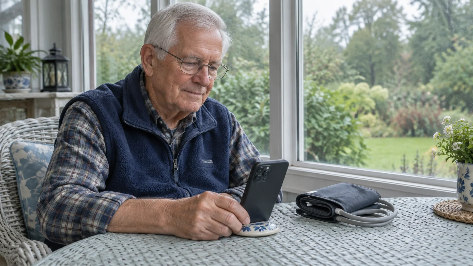 An older man with glasses looks at a smartphone beside a folded blood pressure cuff on a table.