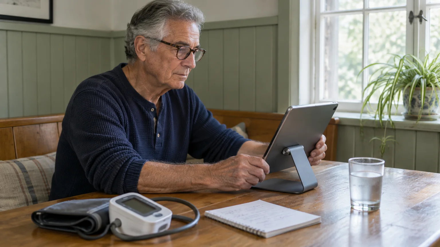 An older man wearing glasses looks at a tablet on a wooden table beside a digital blood pressure monitor.