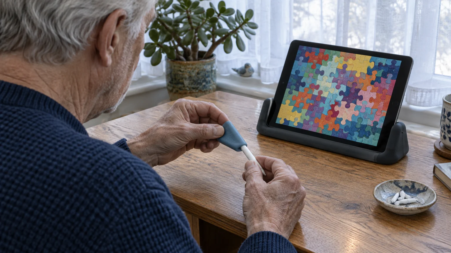 An older man attaches an ergonomic rubber grip to a digital stylus next to a tablet showing a colorful jigsaw puzzle.