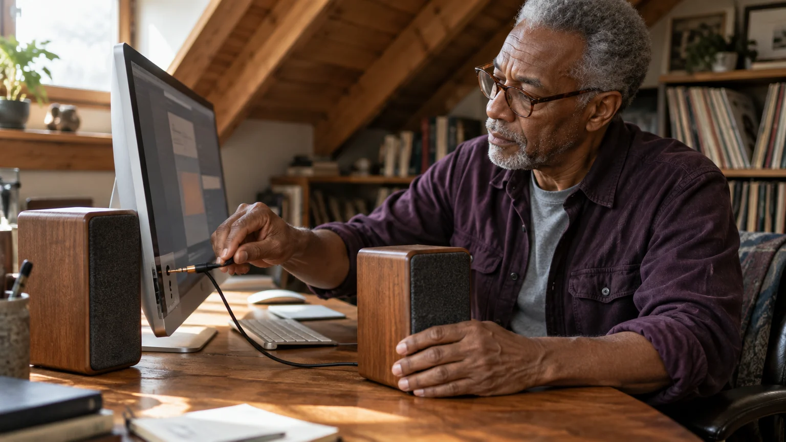 A man plugging an audio cable into the side of a desktop computer next to two wooden speakers on a desk.