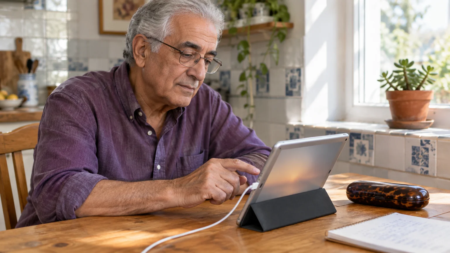 An older man wearing glasses taps the screen of a charging tablet propped on a wooden table.