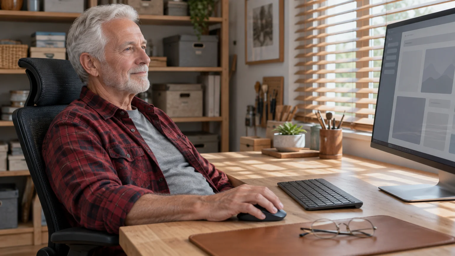 An older man with gray hair sits upright at a wooden desk using a computer mouse in front of a monitor.