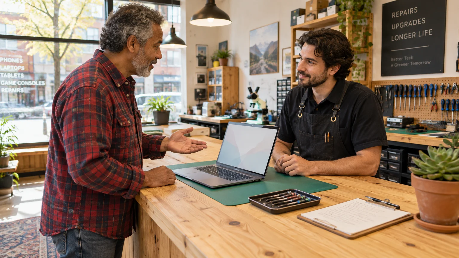 A senior man speaks with a technician across a wooden counter with an open laptop in a repair shop.