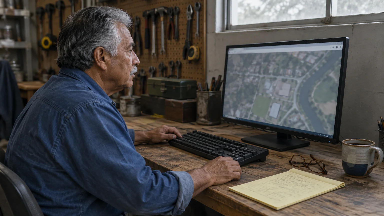 A man sits at a workshop desk looking at a computer monitor displaying an aerial map.
