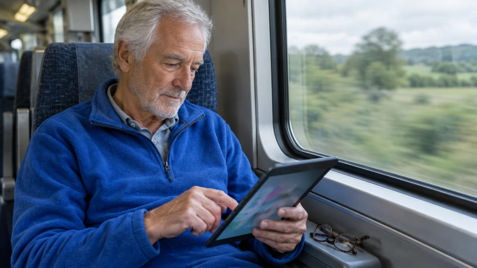 Senior man with grey hair in a blue fleece sweater sitting by a train window and tapping on a digital tablet.