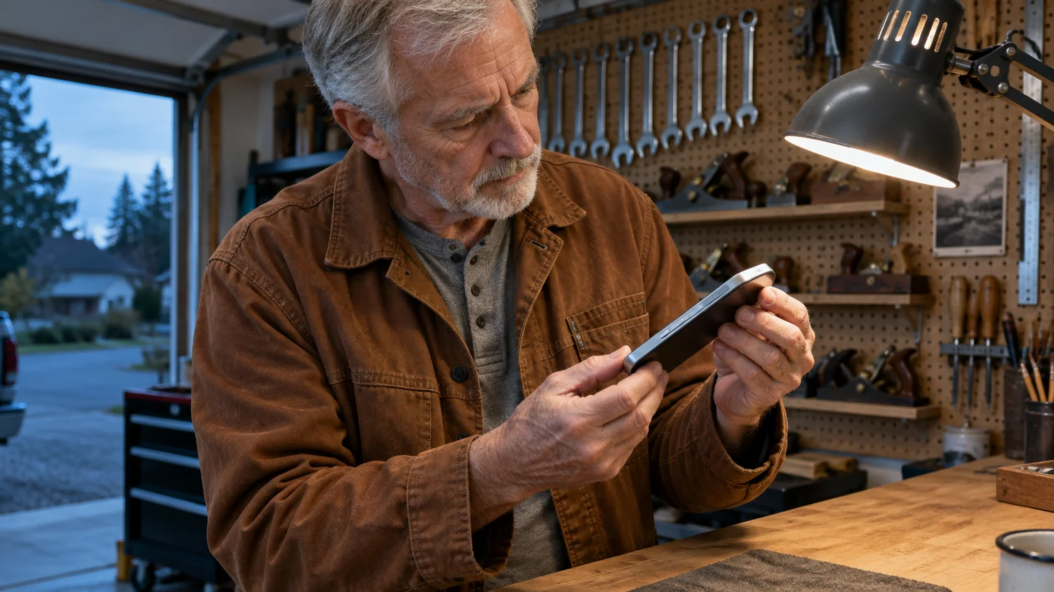 A senior man in a workshop examining the side buttons of a smartphone held in both hands under a desk lamp.