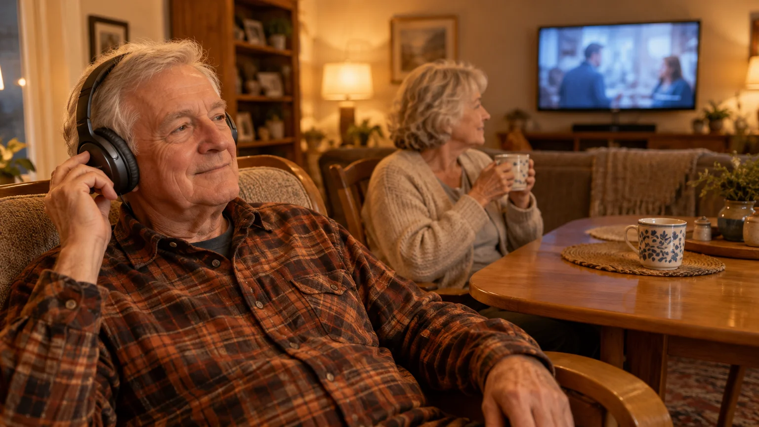An older man wearing over-ear headphones smiles in a living room as a woman sits nearby drinking from a mug watching TV.