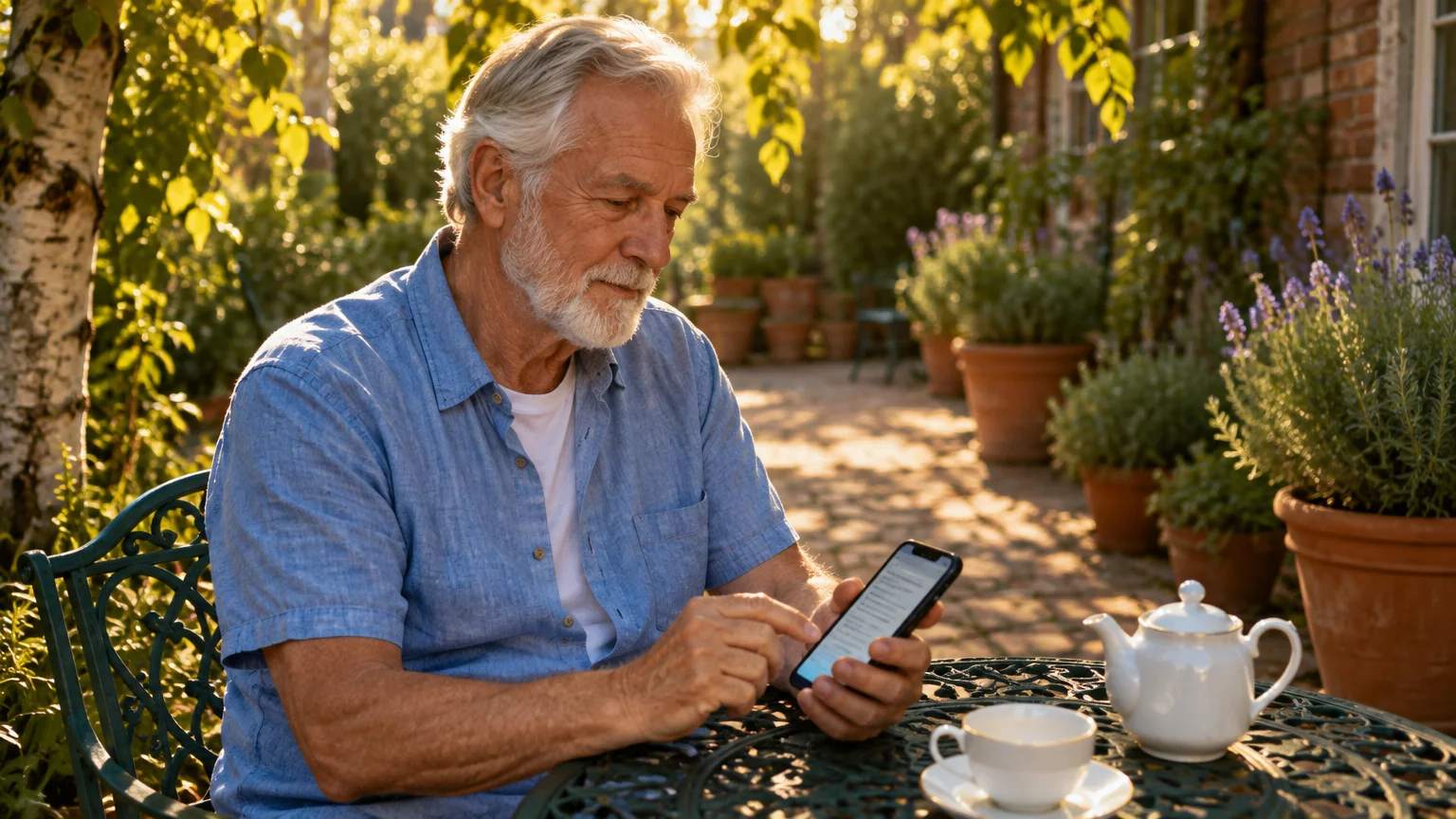 Senior man with white hair and beard sitting outdoors on a patio, looking at a smartphone at a garden table.