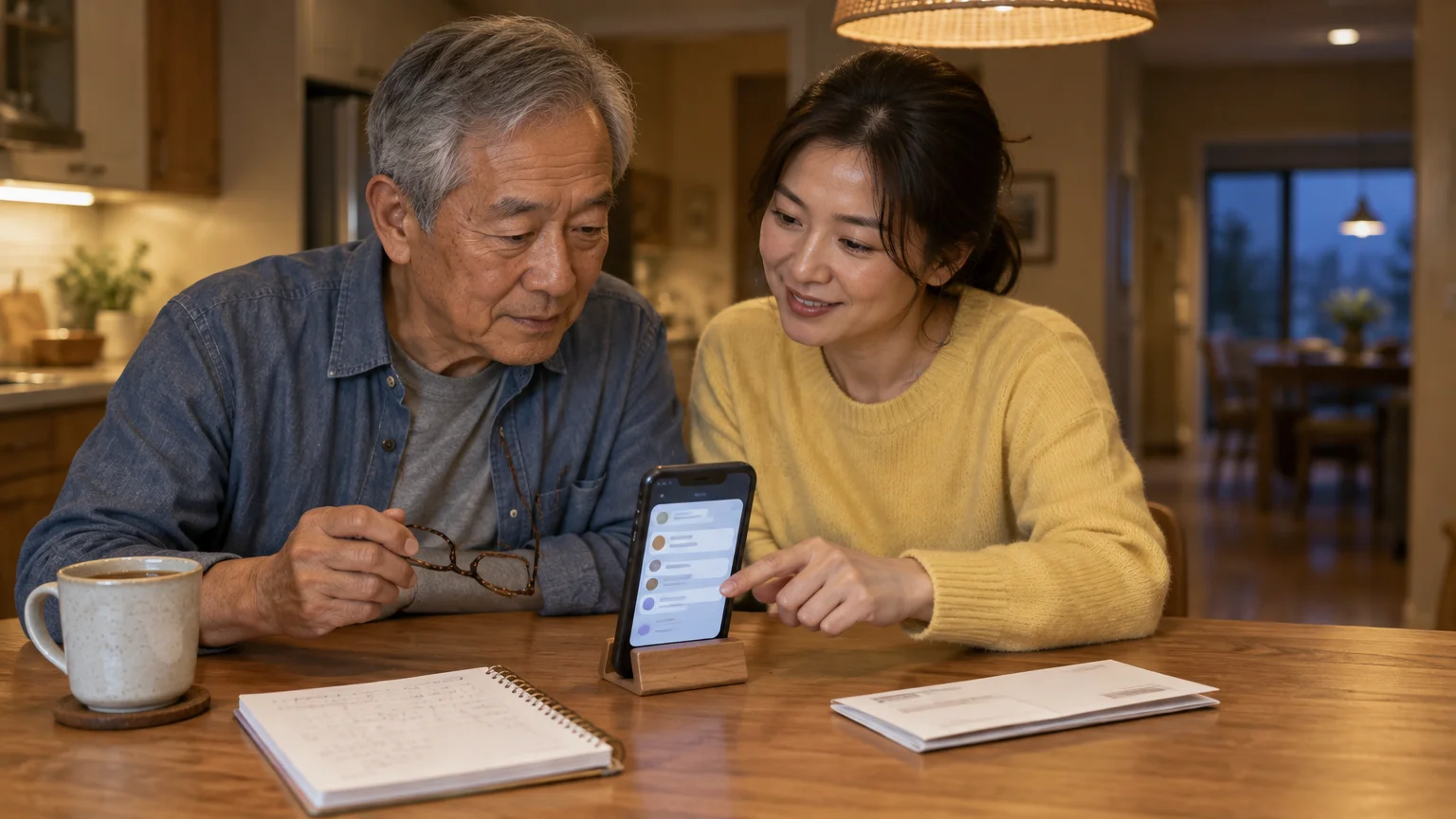 A man and a woman sit at a table looking at a smartphone displaying a list while reviewing bills and notes.