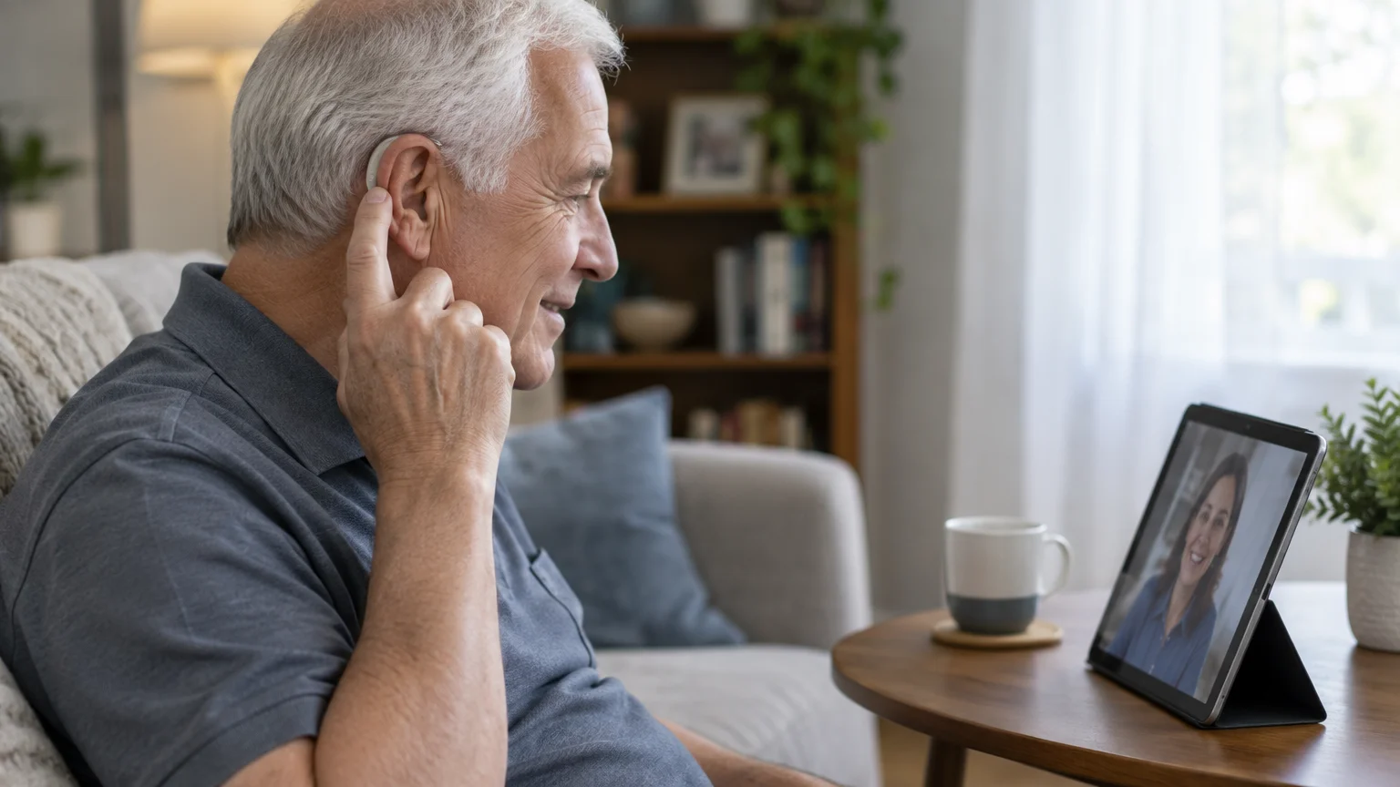 A senior man touches his hearing aid while sitting on a couch and video calling a woman on a tablet.